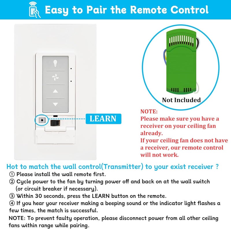 COREBAY Universal Ceiling Fan Remote Control with Light Dimmer, 3 Speed Wall Switch, Compatible with Hunter 434MHz Receiver/Remote Only, Single Pole, Neutral Wire Needed (no Included Receiver) - Image 5